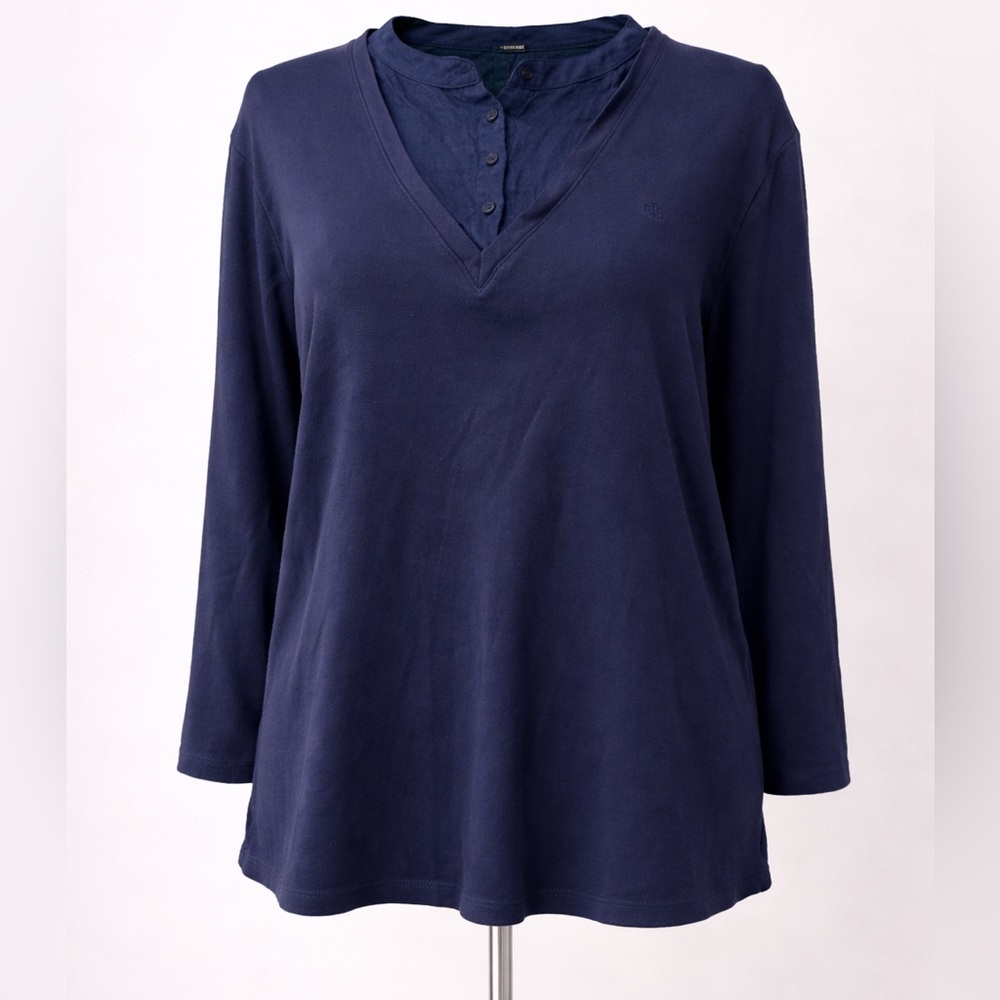 ❄️Lauren Ralph Lauren Navy Layered Henley V-Neck Top| 100% Cotton